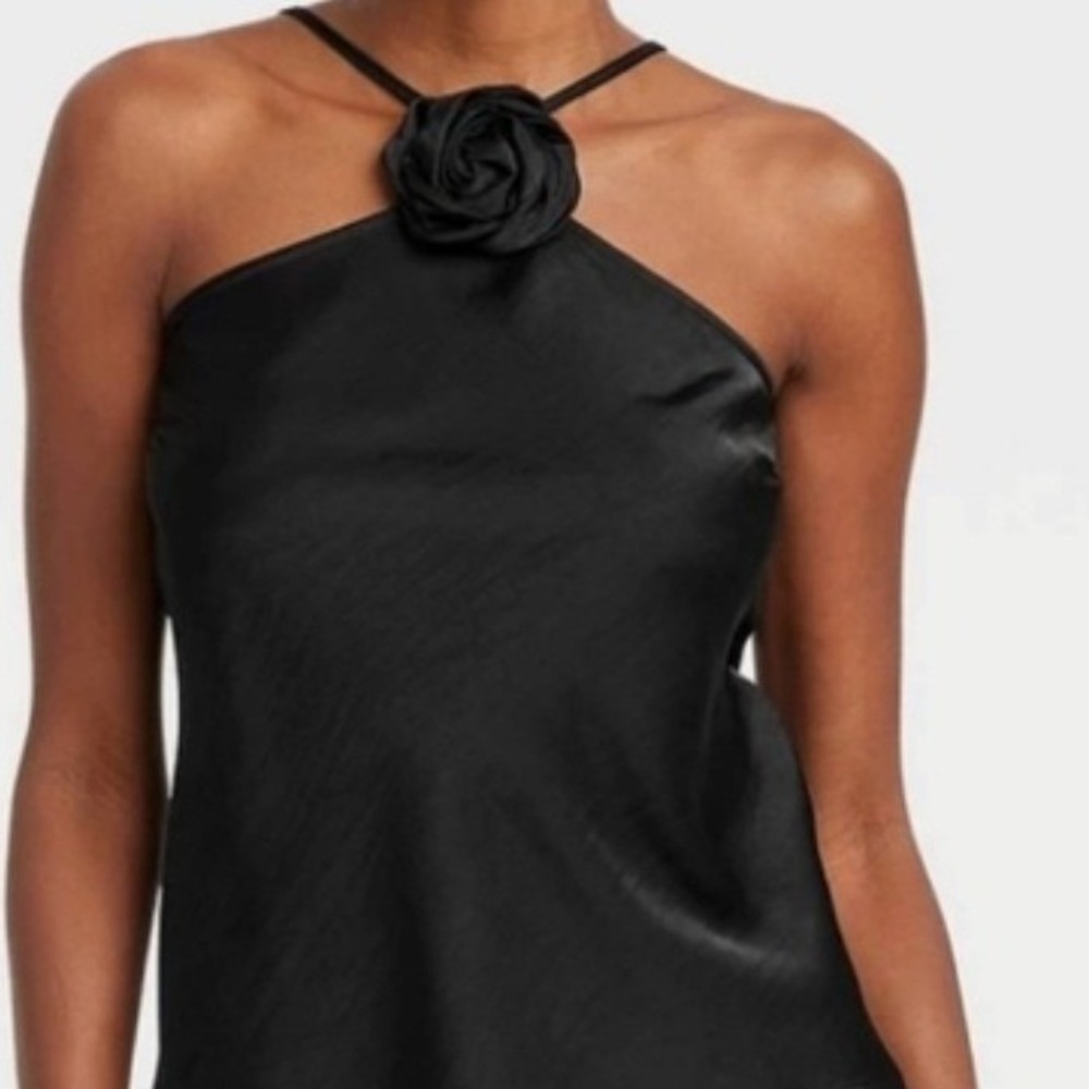 A New Day Black Satin Rosette Halter Top Womens NWT 3D Flower Size XS